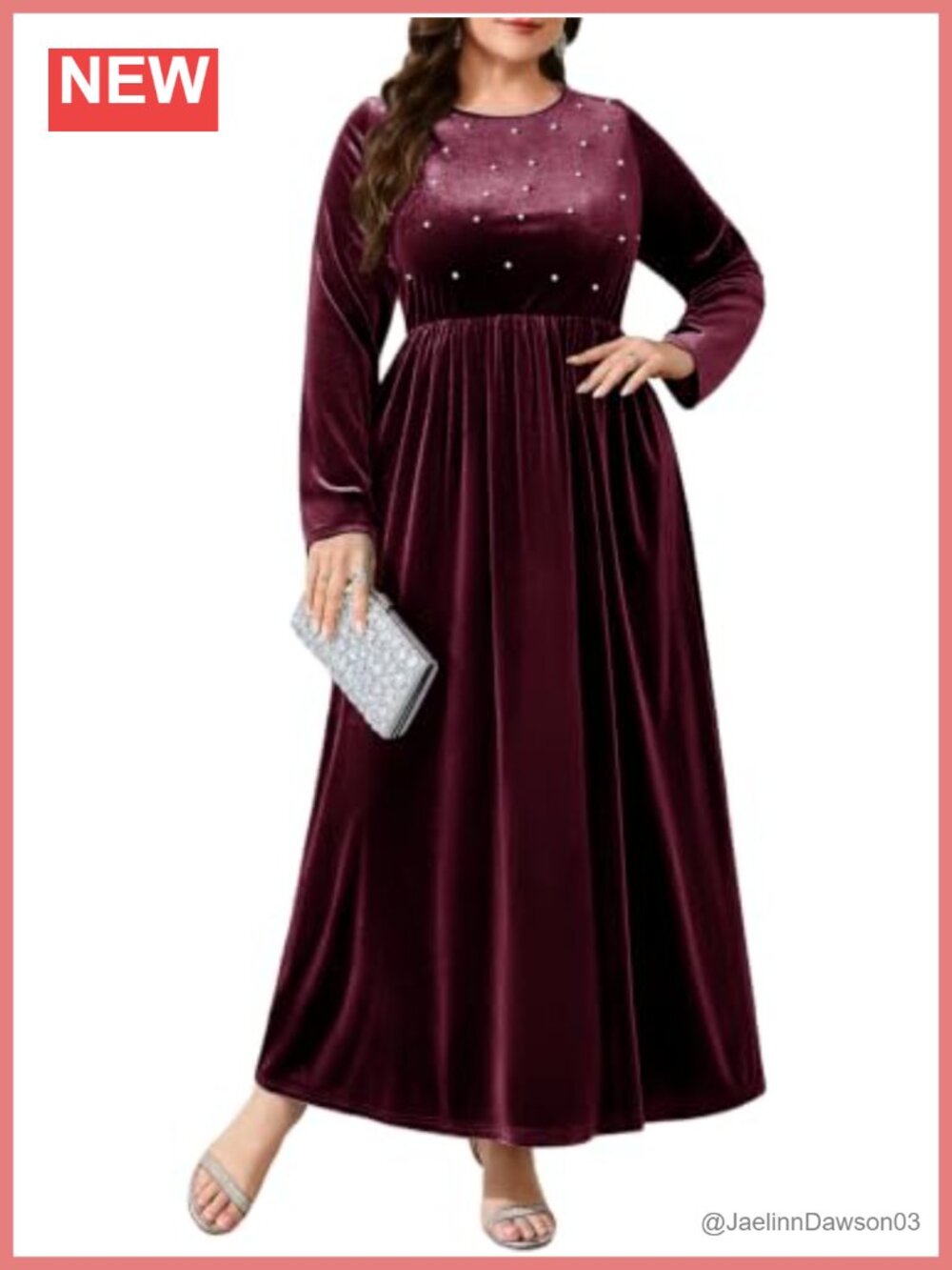 Womens Velvet Formal Maxi Dress Pearl Belt Long Sleeve Evening Cocktail